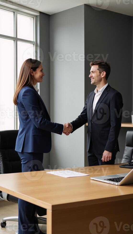 Modern business handshake scene with colleagues in the background Office Environment photo