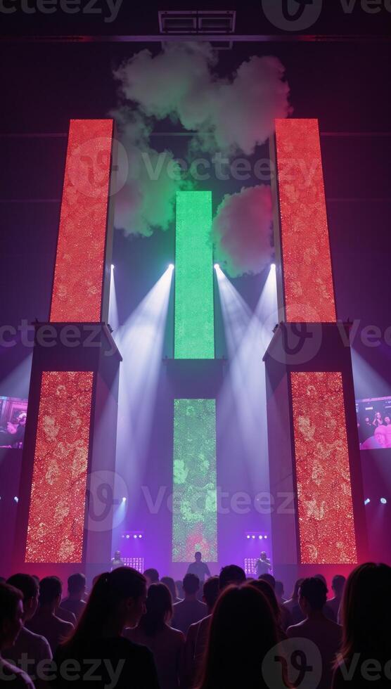 A vibrant rainbow laser show illuminates a bustling nightclub scene filled with dancing people and colored lights on a dimly lit dance floor photo