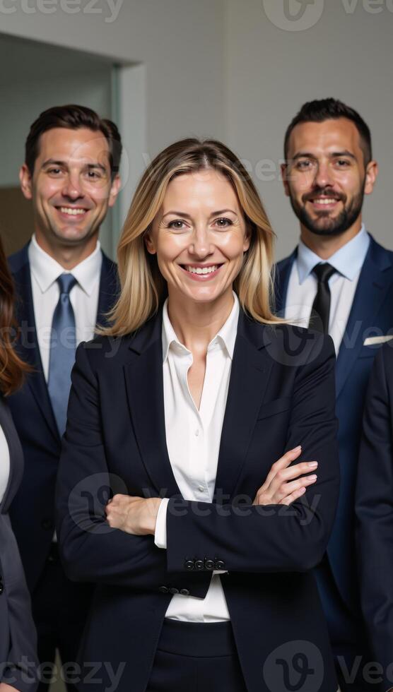 A businessfocused team portrait featuring a mature smiling woman working collaboratively alongside her colleagues within an office setting photo
