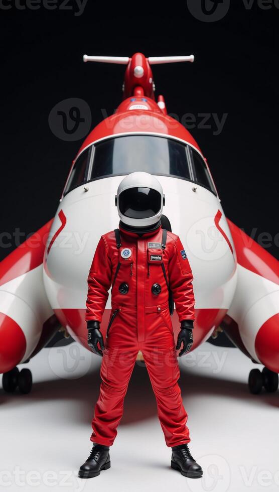 A cartoonish redandwhite spaceship features a smiling astronaut in a red suit photo