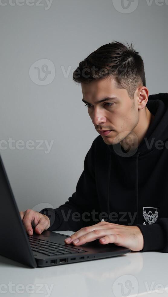 Hacker on his laptop poised for illegal digital intrusion cybercrime photo