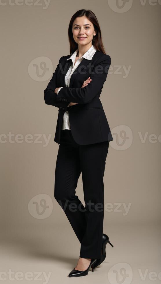 A portrait featuring a businesswoman posed confidently with arms folded photo