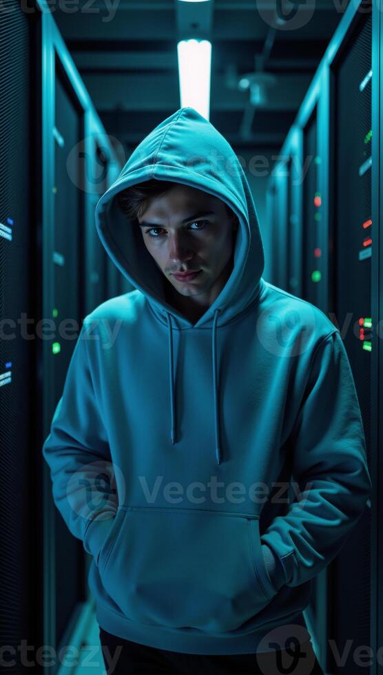 A Hacker in a Hoodie within a Data Center setting photo