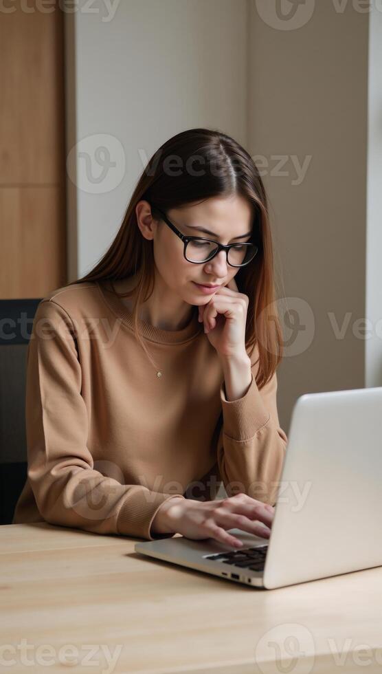 A girl with glasses uses her laptop at home photo