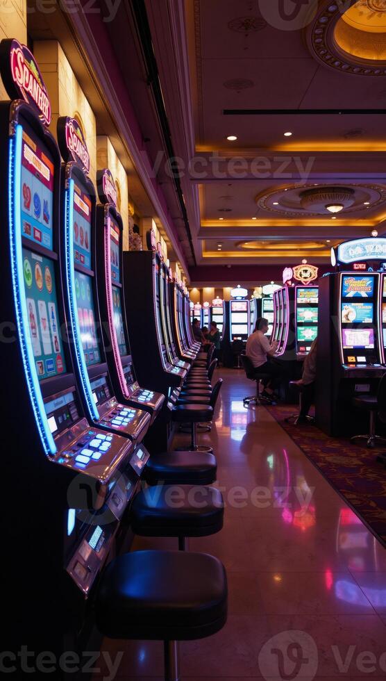 The subject is a glitzy casino scene set against the iconic backdrop of Las Vegas photo