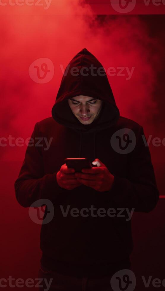 Hooded figure gazing into phone amidst swirling red mist photo