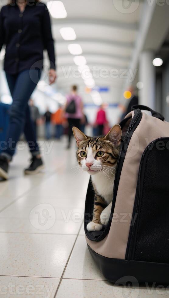 Cat travels with owner in pet carrier at airport photo