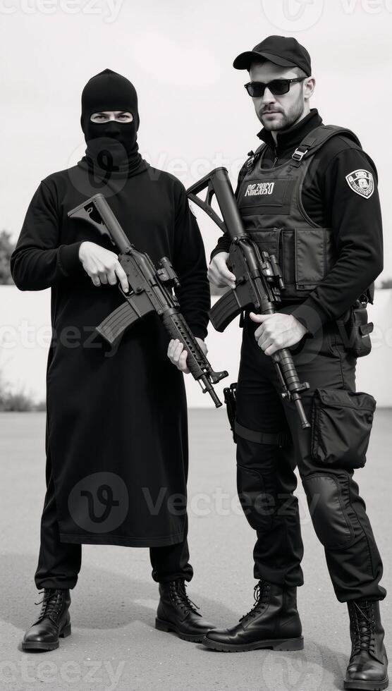 Armed terrorist with an AK47 faces off against masked special forces operative both armed and in combat attire photo