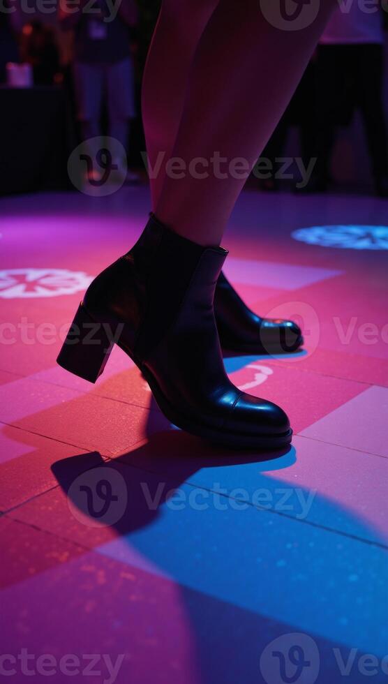 Illustrated scene featuring a lively dancefloor under vibrant lights showcasing a dancer in black boots photo