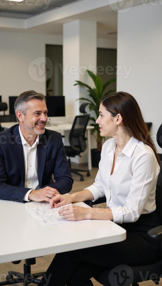 Senior financial expert mentors young woman in collaborative setting within contemporary office space photo