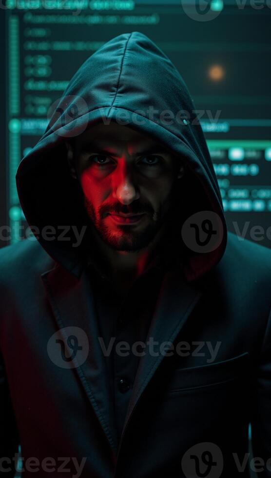 Cybercriminal depicted as a hacker with hoodie on neonred digital backdrop signifying cybersecurity and protection efforts photo
