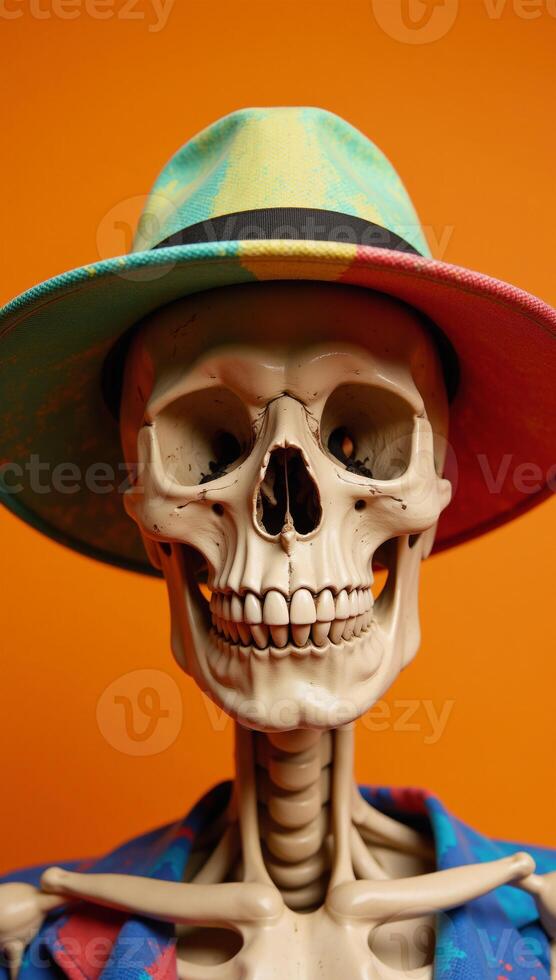 Skull with hat on vibrant orange backdrop Minimalist Art Style photo