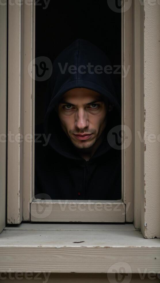 A mysterious hooded figure gazes intently from behind a window photo