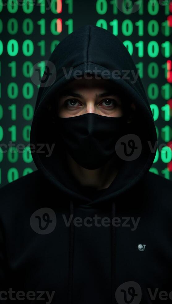 Hooded hacker in front of binary code backdrop photo