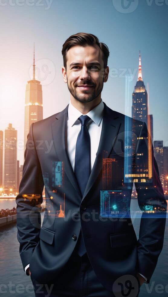 A double exposure image featuring a business person against a futuristic techfocused metropolis backdrop photo