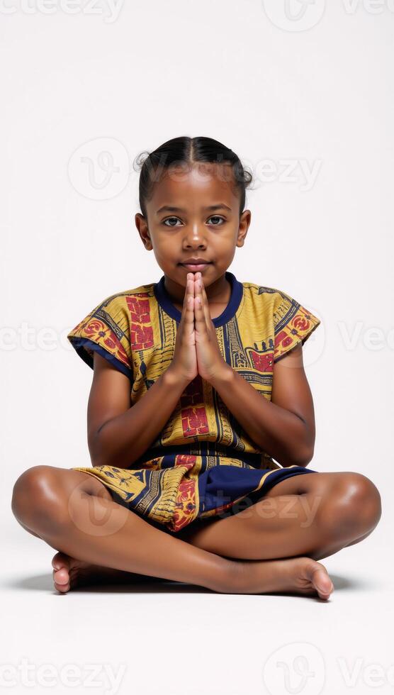 A simple 2D illustration depicts a young black girl praying in a plain setting photo