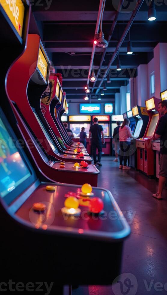 Illustration depicts a neonlit arcade center for retro gaming fun photo