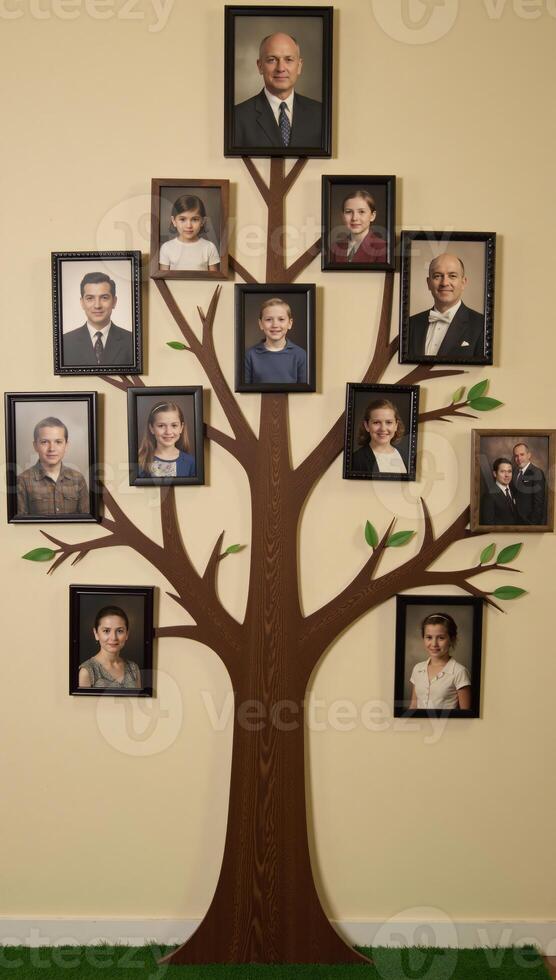 Family tree featuring multiple relative portraits showcasing generational genealogy and memorializing family memories photo