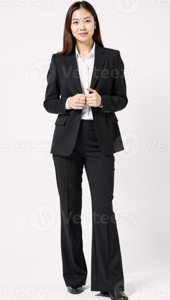 Businesswoman in suit against white backdrop photo