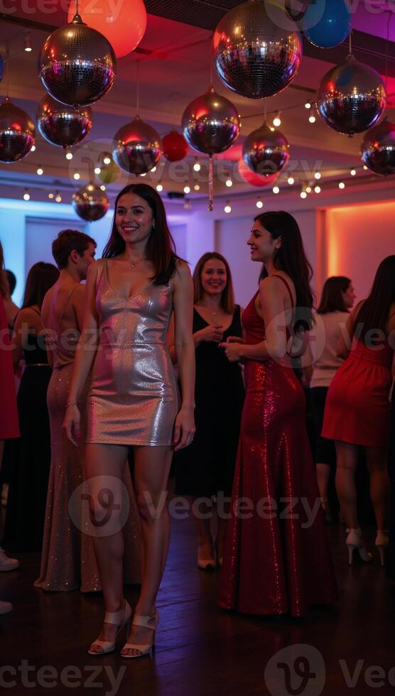 A festive nostalgiainducing disco setting adorned with balloons and disco lights photo