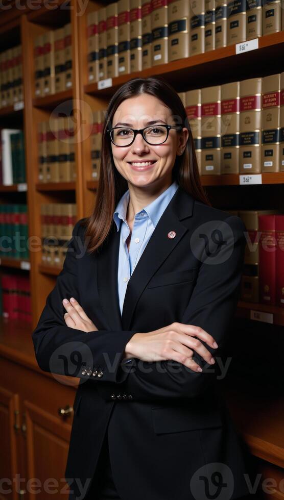 A professional photoshoot depicts an attractive attorney surrounded by books and lawthemed details within a legal library setting photo