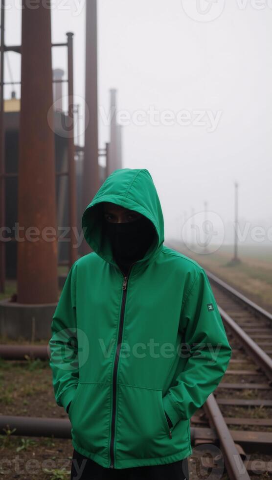 Person in a green hooded jacket amidst an industrial misty environment photo