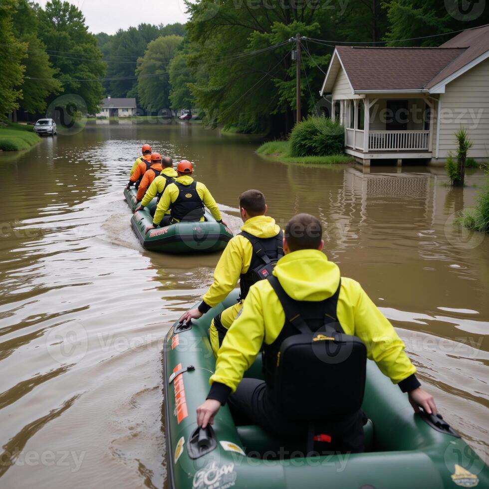 Rescue workers in yellow gear approach flooded homes in inflatable boats among water and trees photo