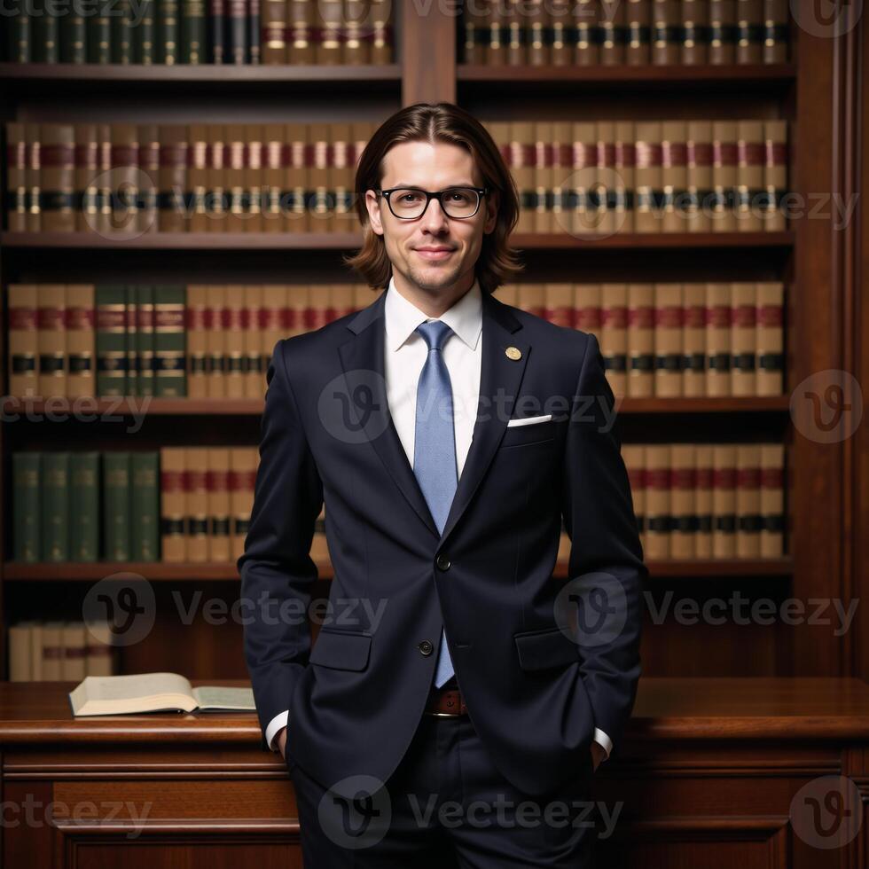 A professional photoshoot depicts an attractive attorney surrounded by books and lawthemed details within a legal library setting photo