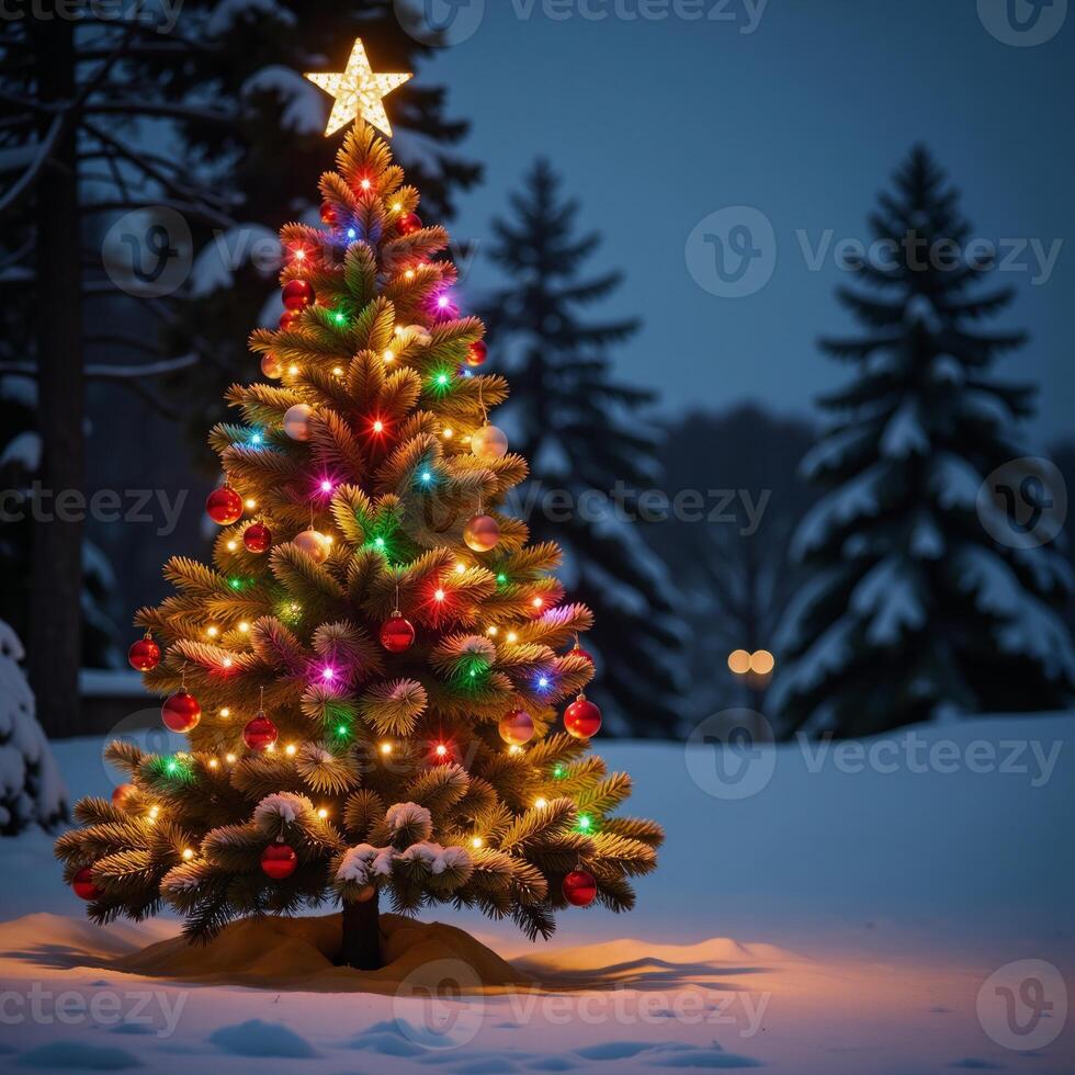 A picturesque Christmas scene featuring a shining tree adorned with glittering gold ornaments amidst a frosty snowcovered landscape photo