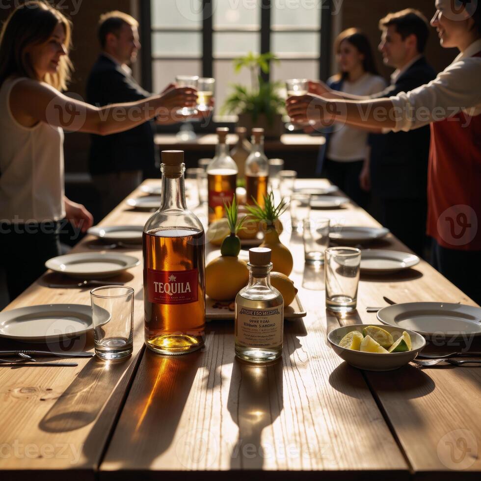 Tequilatasting scene at a rustic wood table during Cinco de Mayo celebration friends toast amidst bottles limes salt under natural lighting photo