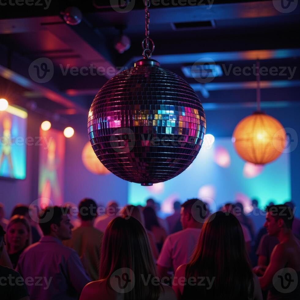 Vibrant disco ball lights highlight an abstract retroinspired nightclub scene for celebrations and music events photo