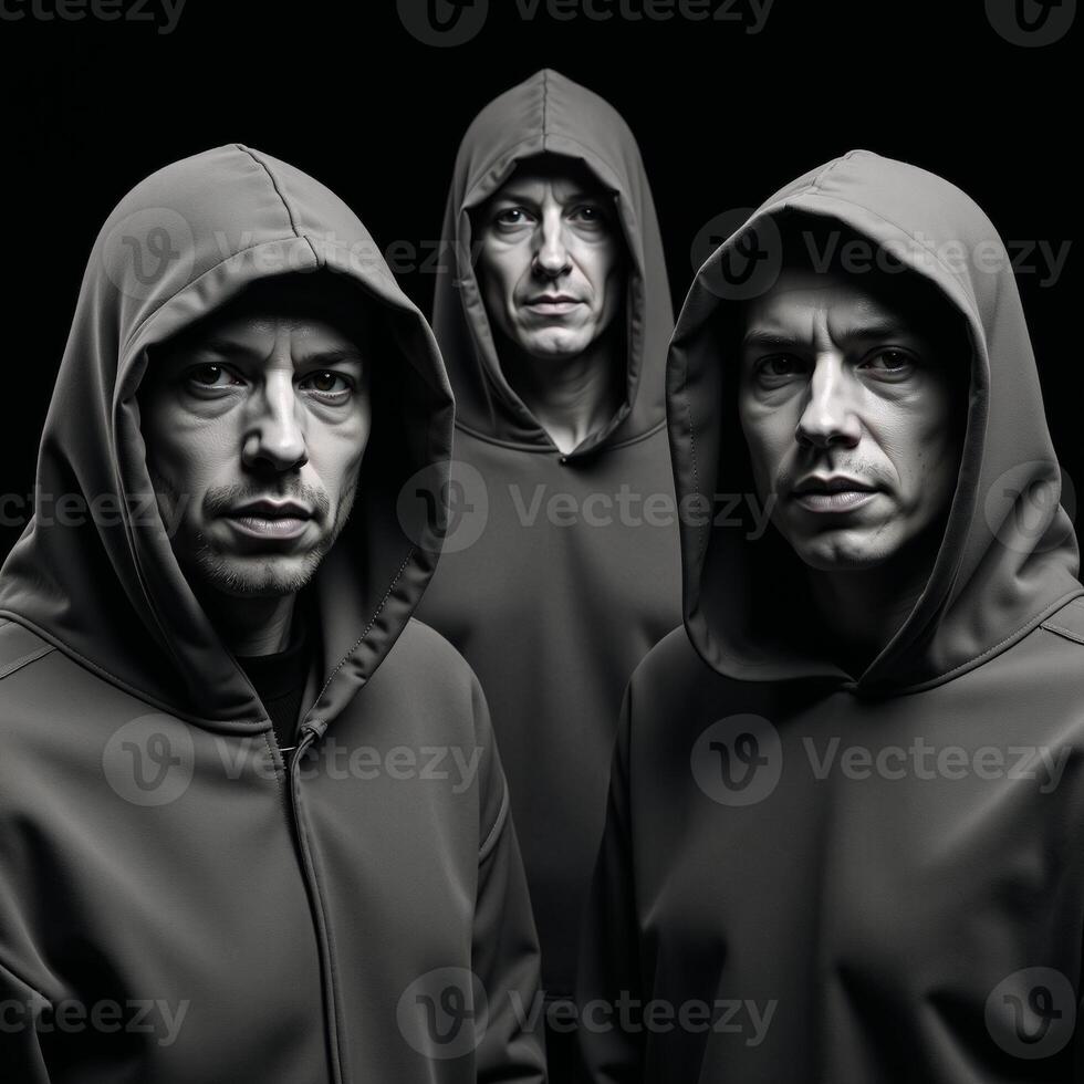 Hooded figures gather before a backdrop of darkness photo