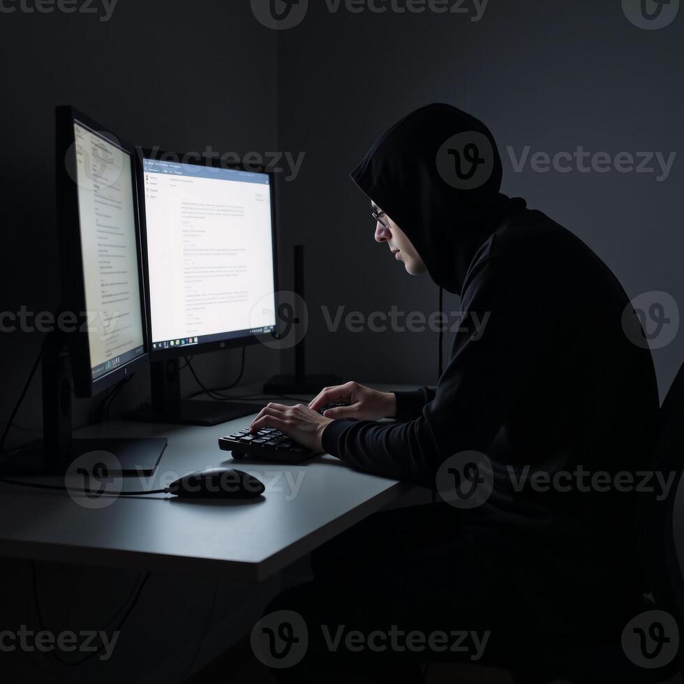 Hacking computer in dim room hooded cybercriminal using malware for device intrusion photo