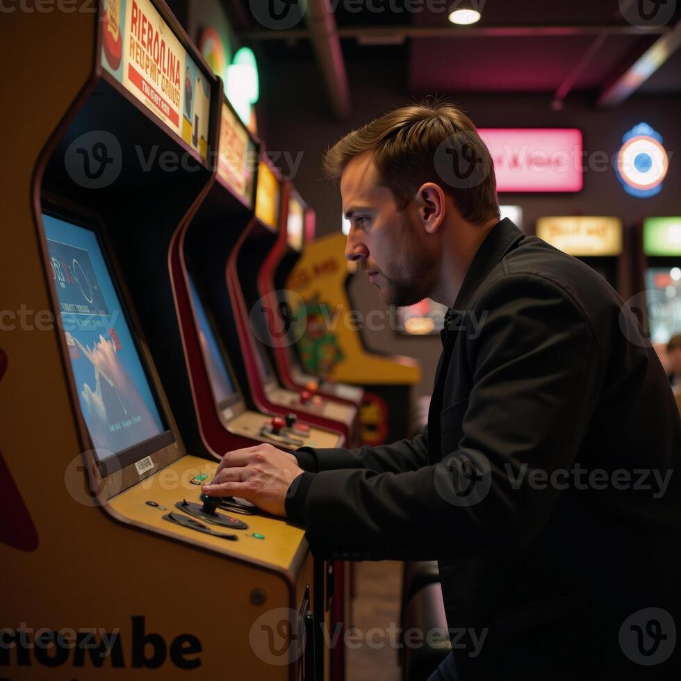 Nostalgic gaming experience featuring a retrostyled arcade with a man in brown photo
