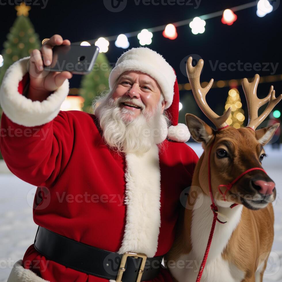 Smiling Santa Claus takes a selfie with reindeers photo