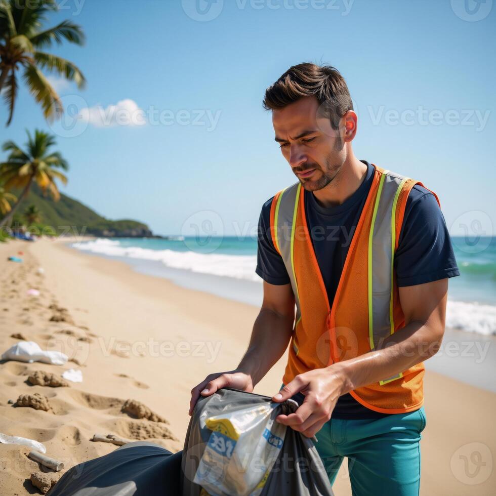Volunteer man collecting litter on sunny beach portrayed realistically Daylight Plastic Trash Collection photo