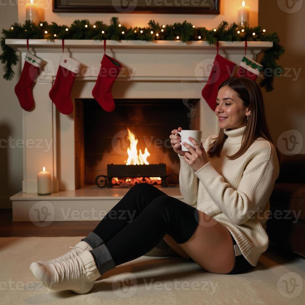 A woman enjoys a cozy and relaxing Christmas night sipping hot cocoa near a crackling fire while her feet are warm in wool socks photo