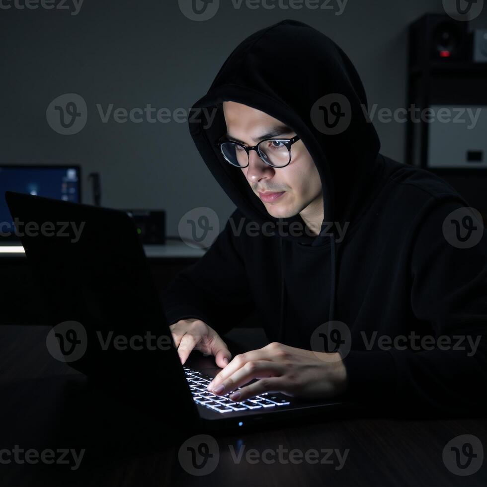 A criminal hacker at work on his laptop ready to commit a cybercrime photo