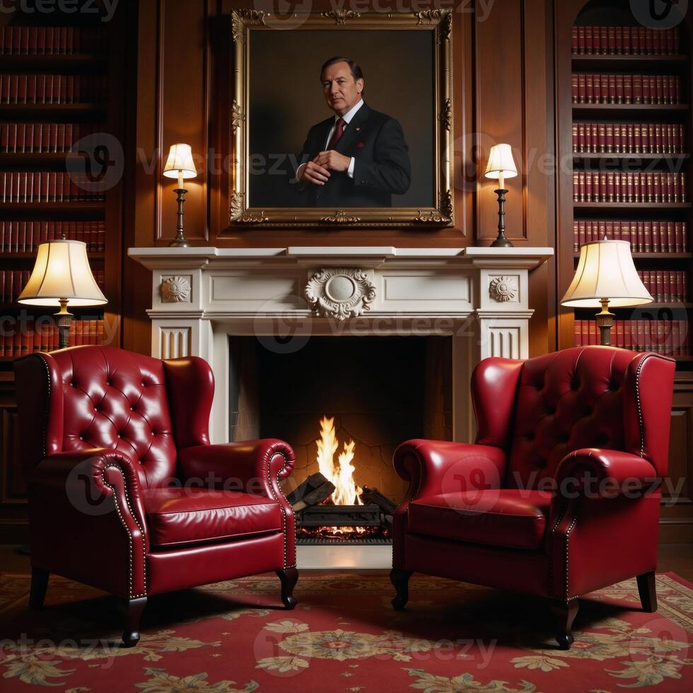 Two red leather armchairs facing a fireplace in a booklined library photo