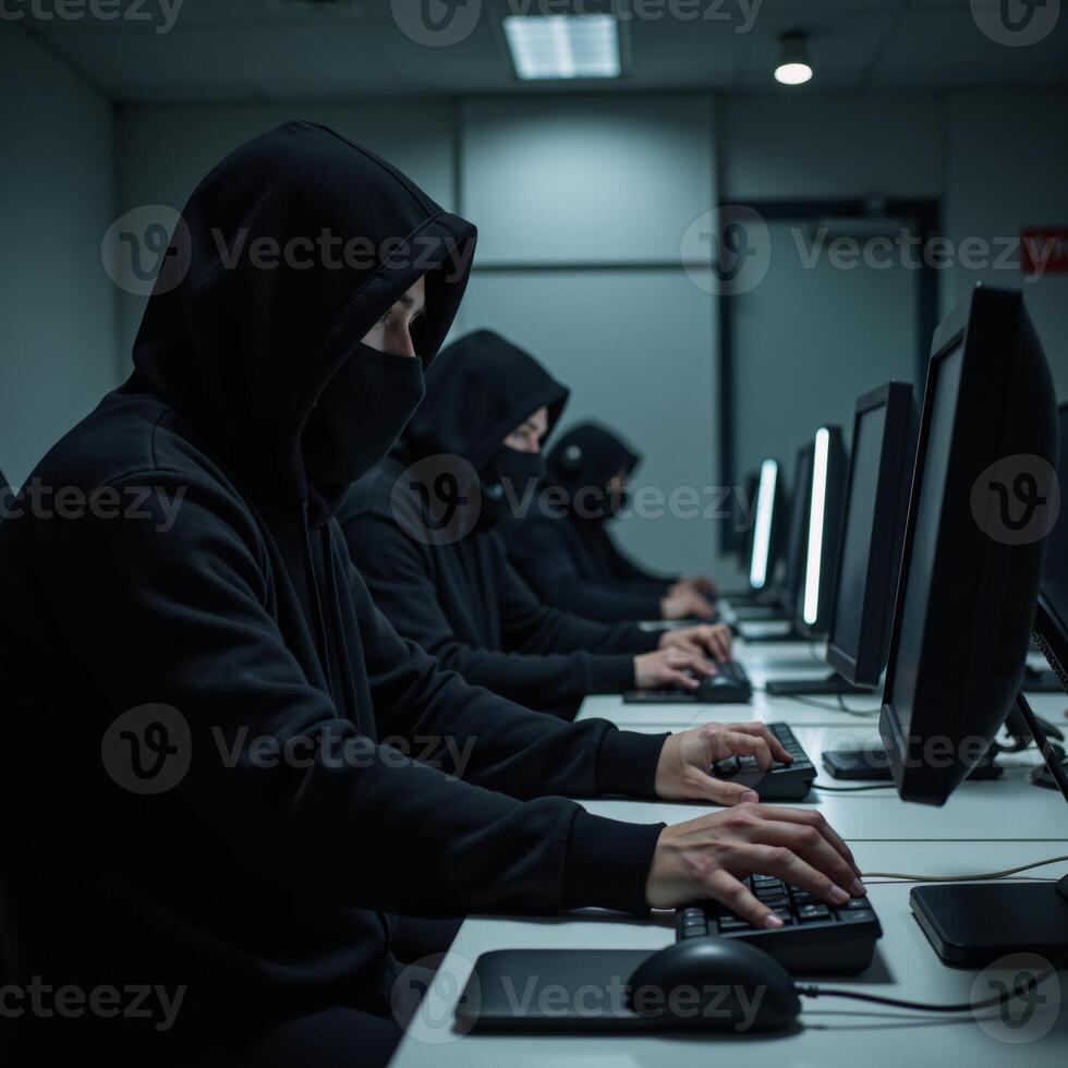 Call Center Scammers Criminals in masks and headsets at work with computers photo