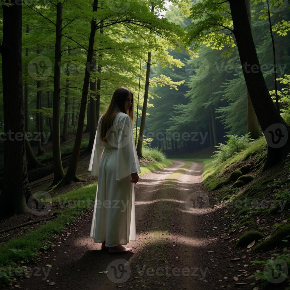 Ghost depicted standing on a woodland trail within a dense spooky forest photo