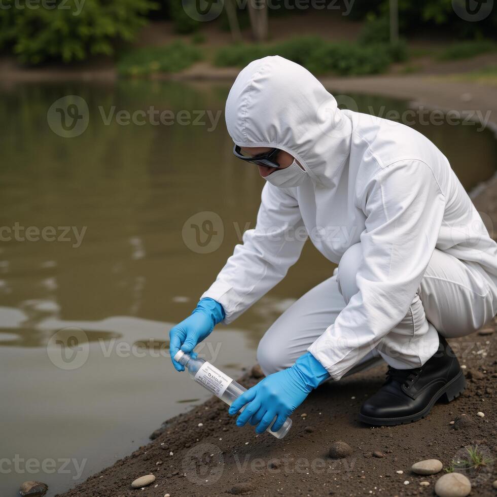 Research scientist collects contaminated riverwater sample using protective gear photo