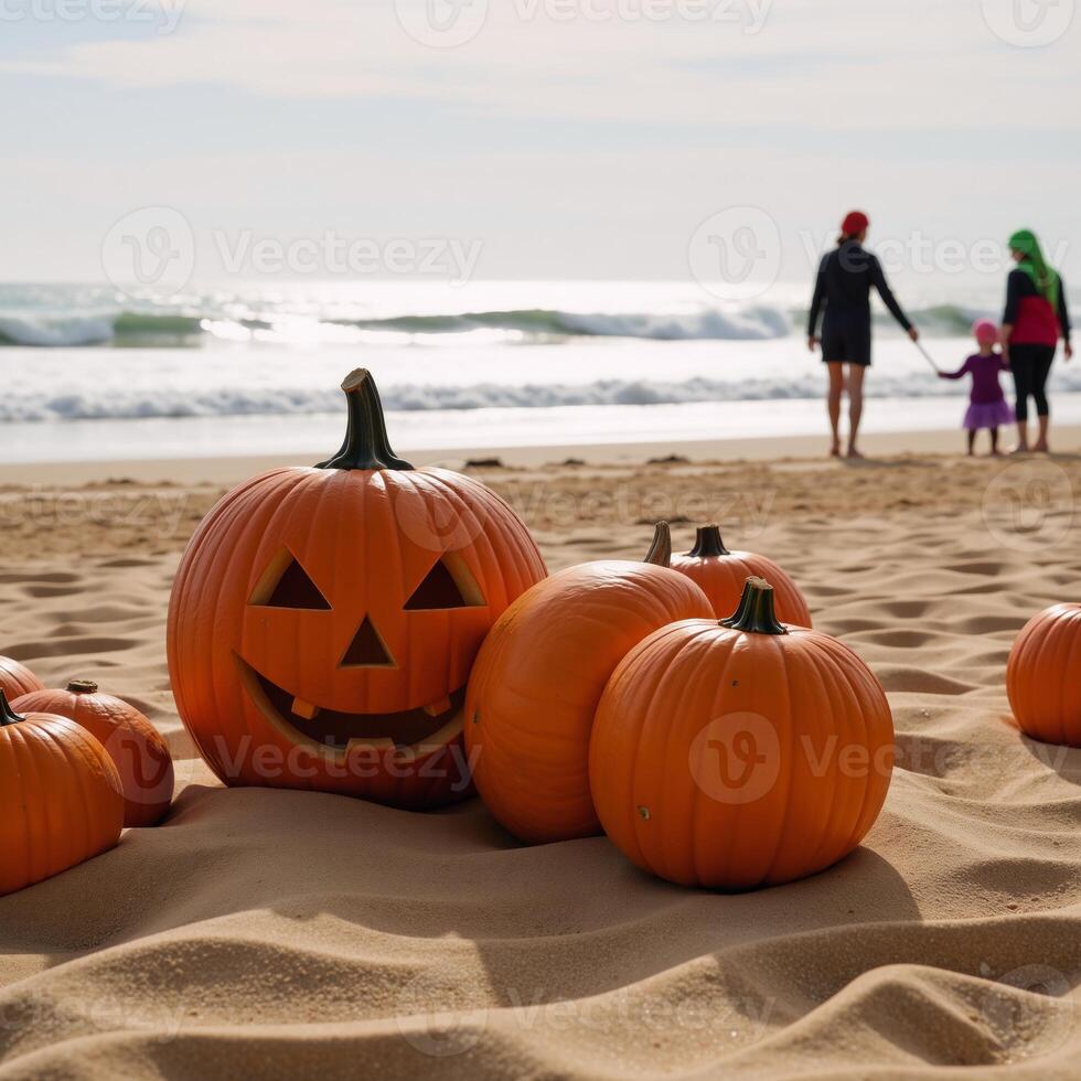 A festive autumn beach scene with pumpkins and Jackolanterns at a Halloween party by the shoreline featuring an iconic Jack o lantern amidst rolling waves of the ocean in the distance photo