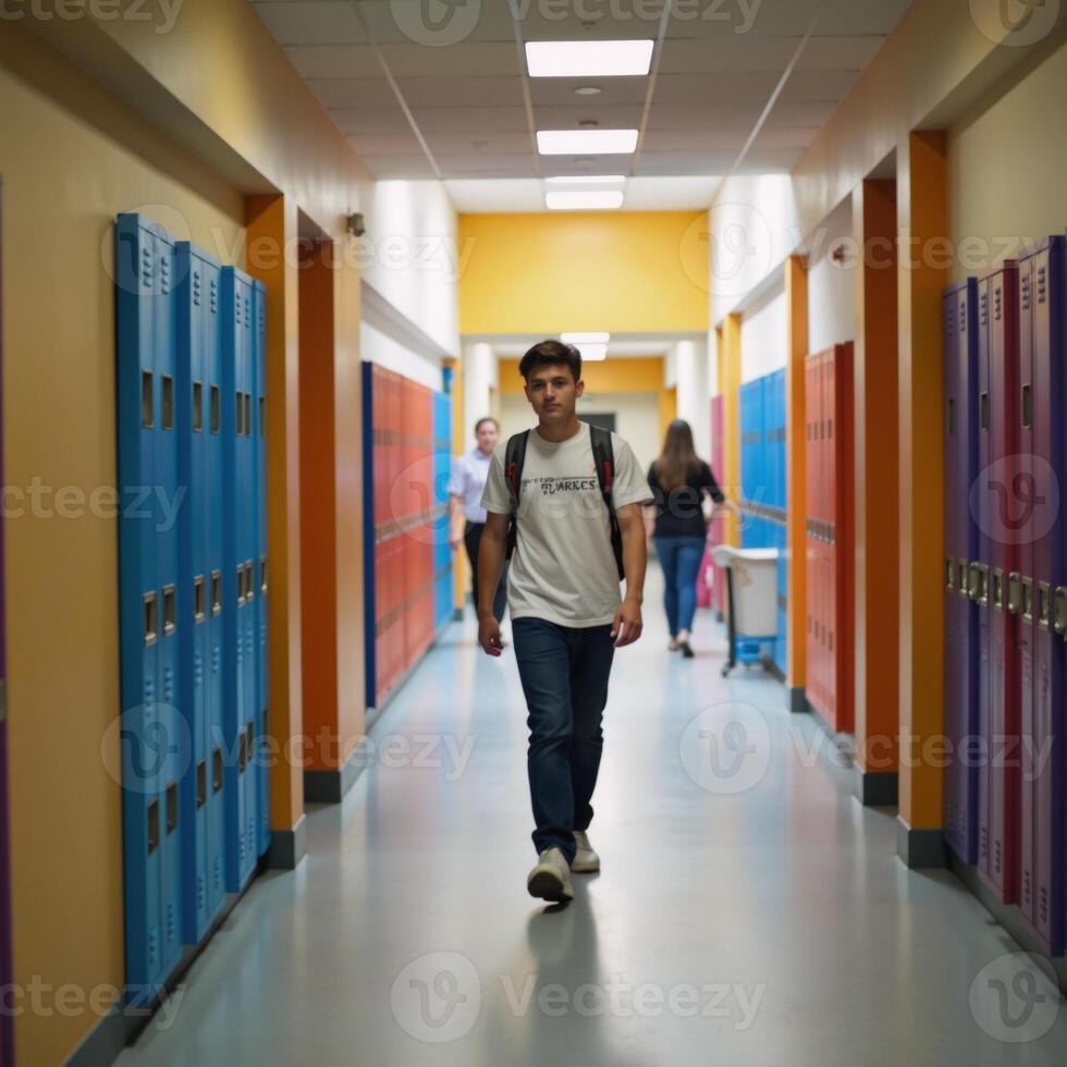 A modern school building interior setting featuring a student walking down a hallway past blurred lockers during backtoschool season photo