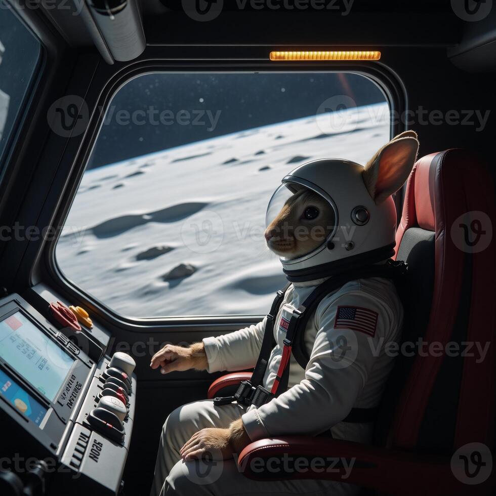 Rabbit piloting spaceship to moon Space travel anthropomorphic rabbit pilot photo
