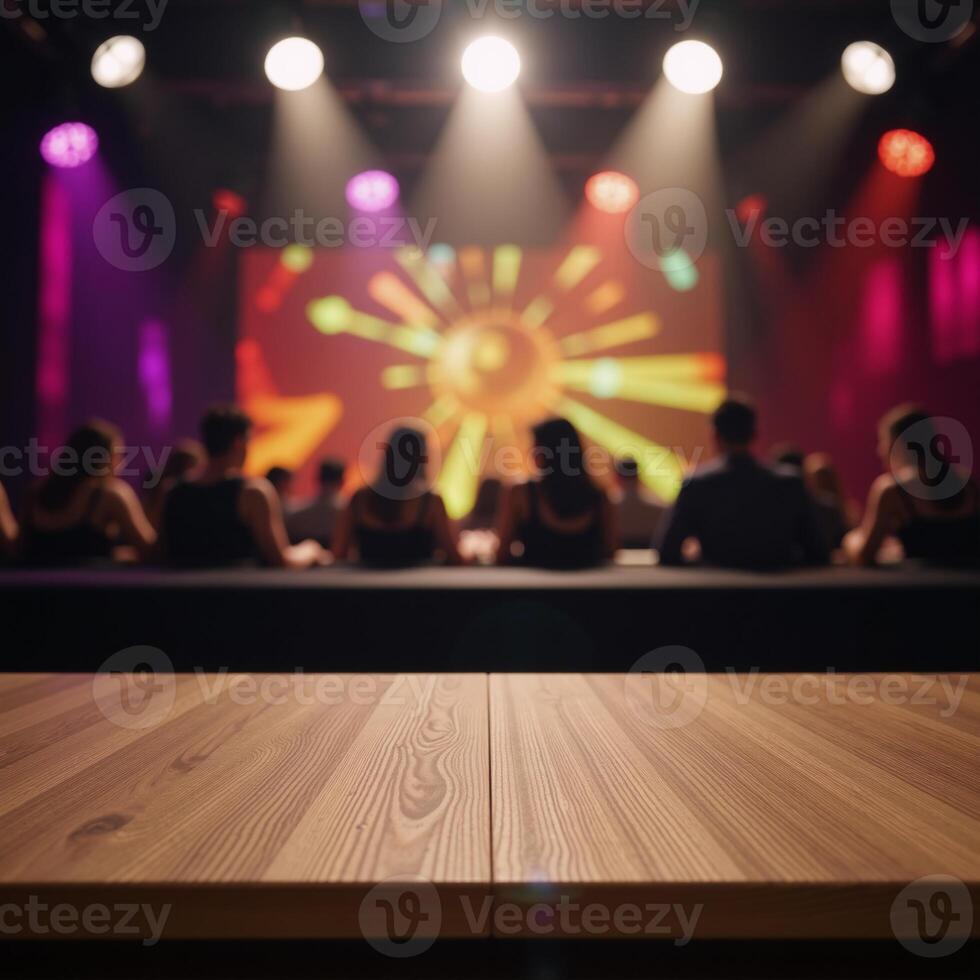 An empty wooden table stands amidst a blurred disco club backdrop for product demonstration photo