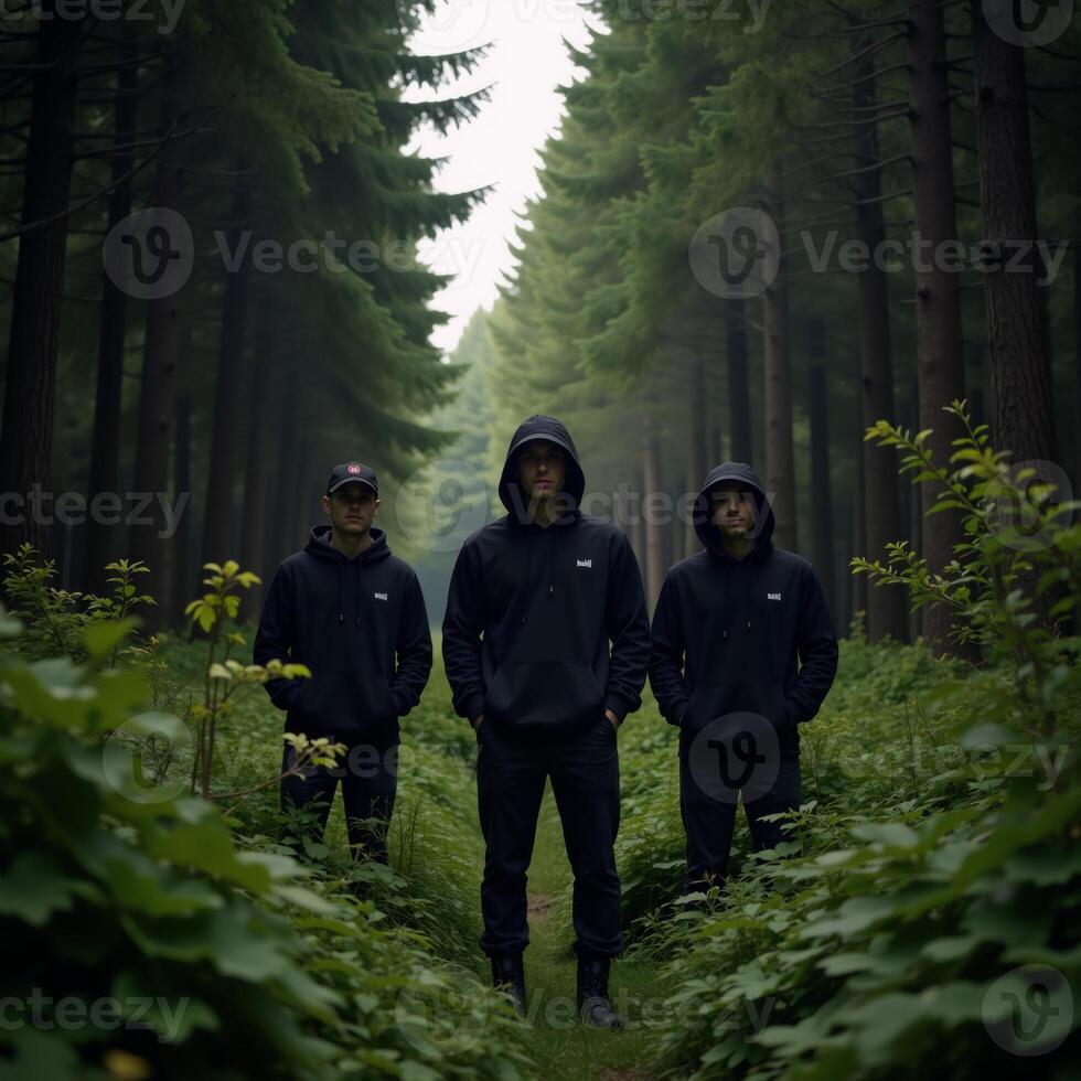 Three men in black hoodies and hats gather in a forest setting photo