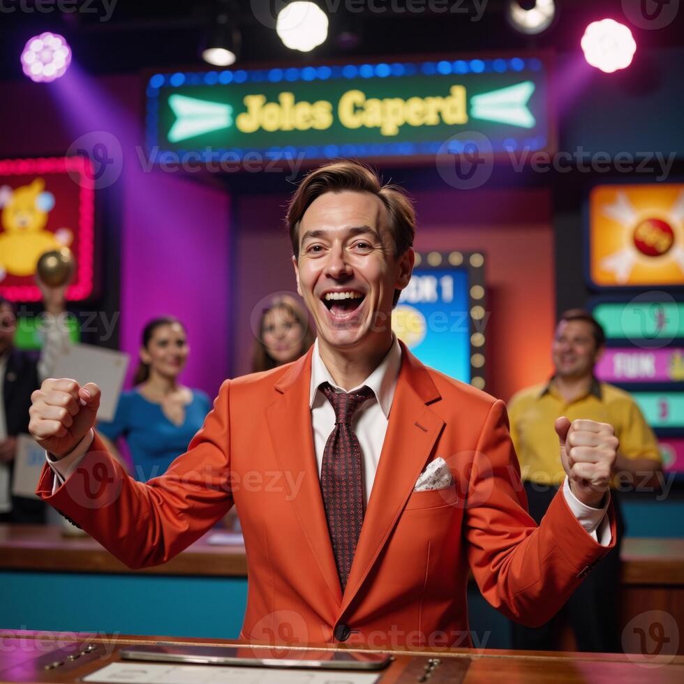 Nostalgic retro game show host celebrates winning moment on TV photo