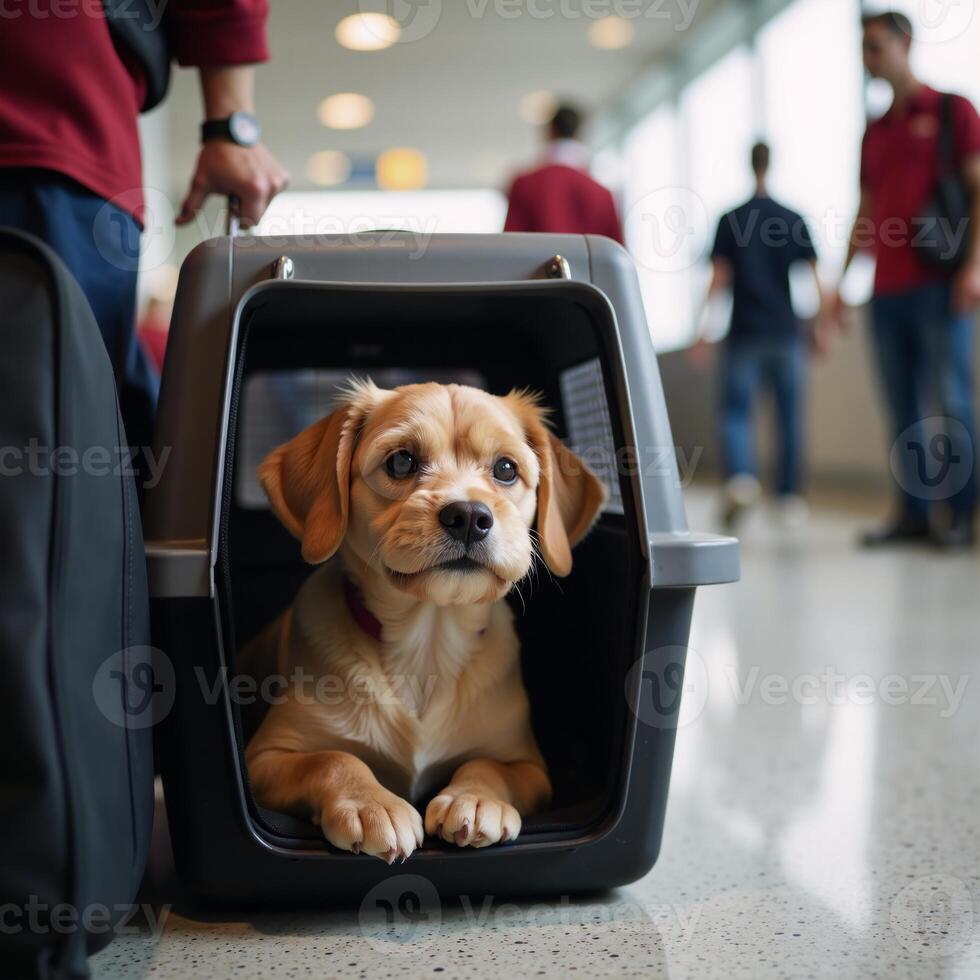 A cute dog is depicted with a pet carrier at a busy airport terminal photo