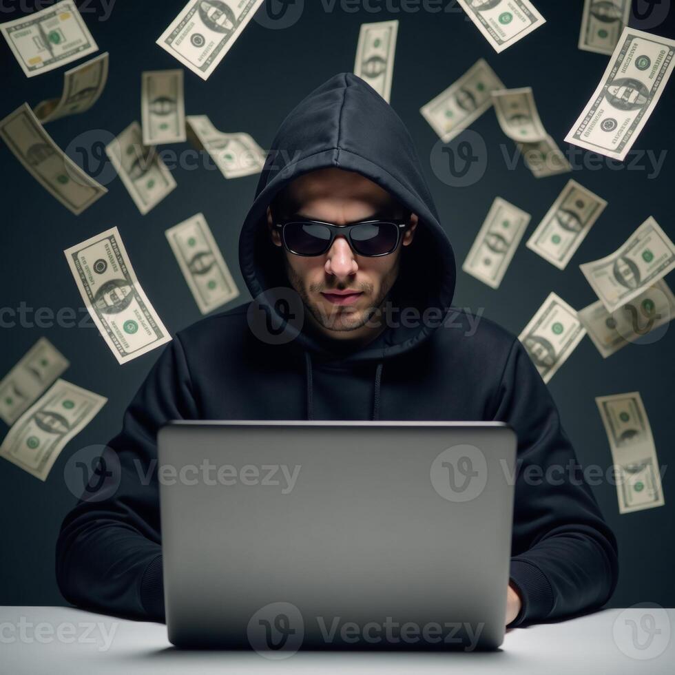 Hooded hacker steals money online through cyber crime and data theft Cyber Fraud Concept photo